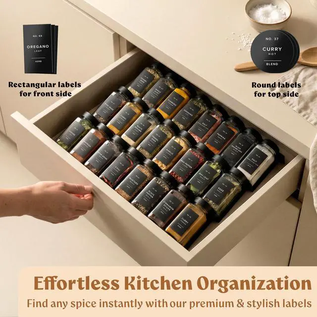 Alt view image 3 of 7 - Glass Spice Jars with Labels (24 x 4oz) Spice Containers with 240 Labels, Shaker Inserts, Funnel, Empty Square Empty Square Seasoning Organizer (Black Lids)