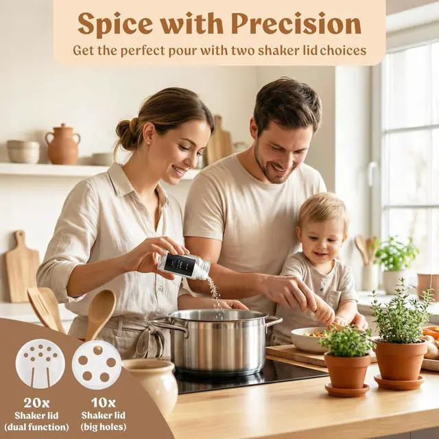Alt view image 4 of 7 - Glass Spice Jars with Labels (24 x 4oz) Spice Containers with 240 Labels, Shaker Inserts, Funnel, Empty Square Empty Square Seasoning Organizer (Black Lids)