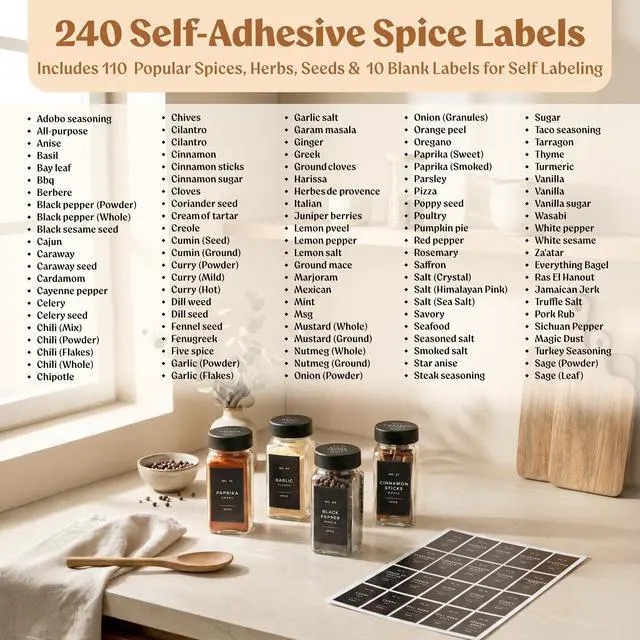 Alt view image 6 of 7 - Glass Spice Jars with Labels (24 x 4oz) Spice Containers with 240 Labels, Shaker Inserts, Funnel, Empty Square Empty Square Seasoning Organizer (Black Lids)