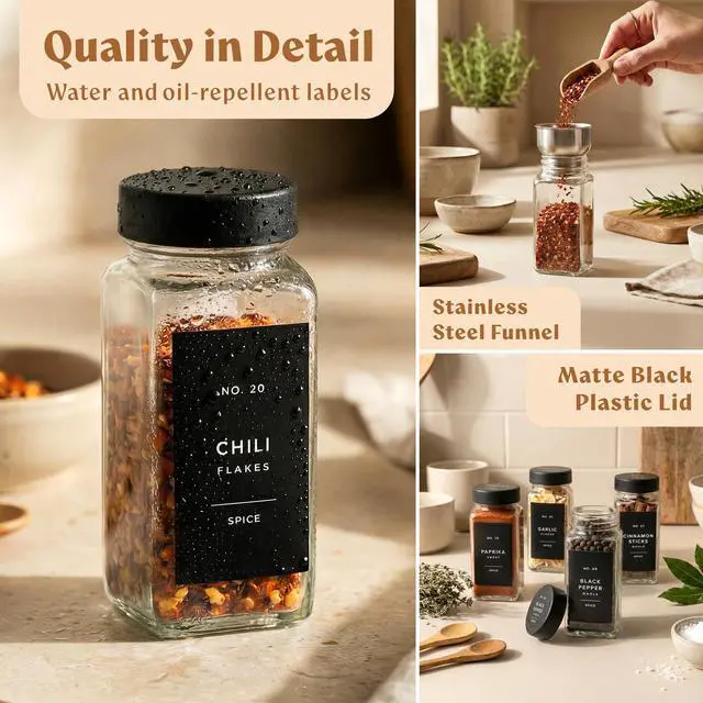 Alt view image 7 of 7 - Glass Spice Jars with Labels (24 x 4oz) Spice Containers with 240 Labels, Shaker Inserts, Funnel, Empty Square Empty Square Seasoning Organizer (Black Lids)