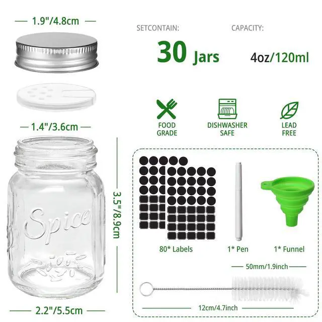 Alt view image 2 of 7 - 30 Pack 4oz Round Glass Spice Jars with Shaker Lids & Metal Caps