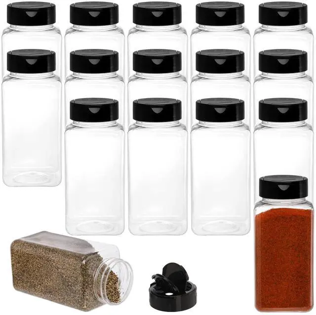 Main image of 16 Pack 17 Fluid Oz Clear Plastic Spice Jars Spice Containers Spice Bottles Seasoning Organizer with Black Lids