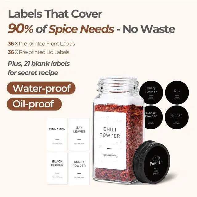 Alt view image 2 of 7 - 15Pcs 4oz Glass Spice Jars with Shaker Lids, 93 Labels, a Handy Funnel, a Pepper Grinder, Empty Spice Containers and Square Spice Bottles for Kitchen and Seasoning