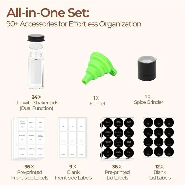 Alt view image 3 of 7 - 15Pcs 4oz Glass Spice Jars with Shaker Lids, 93 Labels, a Handy Funnel, a Pepper Grinder, Empty Spice Containers and Square Spice Bottles for Kitchen and Seasoning