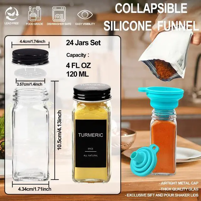 Alt view image 2 of 6 - 24 Pcs Glass Spice Jars with 398 Labels, 4oz Empty Square Spice Containers Seasoning Bottles - Shaker Lids, Funnel, Brush and Marker Included(Black Metal Caps)