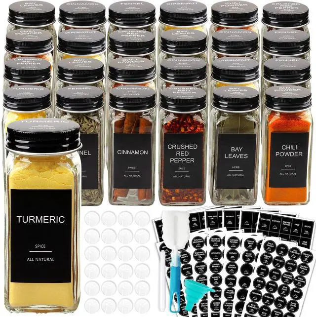 Main image of 24 Pcs Glass Spice Jars with 398 Labels, 4oz Empty Square Spice Containers Seasoning Bottles - Shaker Lids, Funnel, Brush and Marker Included(Black Metal Caps)
