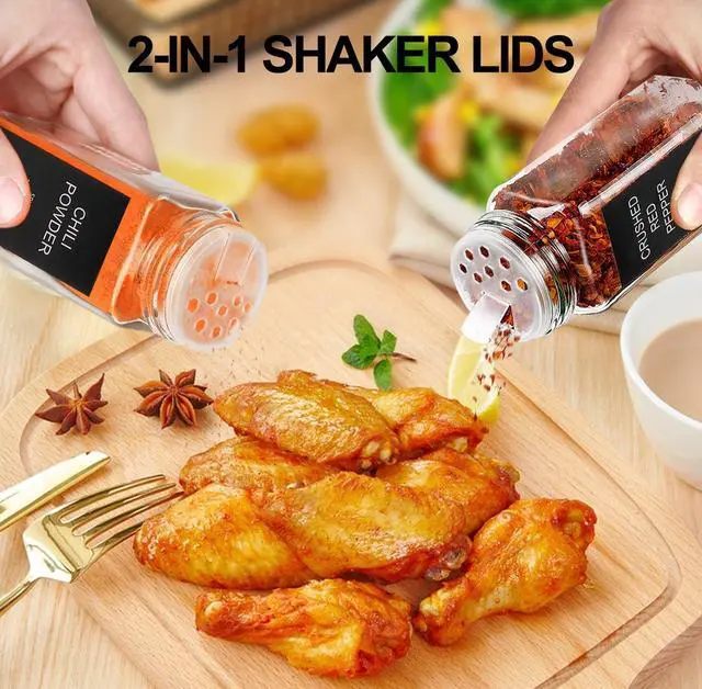 Alt view image 3 of 6 - 24 Pcs Glass Spice Jars with 398 Labels, 4oz Empty Square Spice Containers Seasoning Bottles - Shaker Lids, Funnel, Brush and Marker Included(Black Metal Caps)
