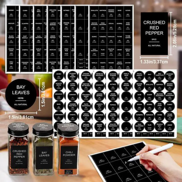 Alt view image 4 of 6 - 24 Pcs Glass Spice Jars with 398 Labels, 4oz Empty Square Spice Containers Seasoning Bottles - Shaker Lids, Funnel, Brush and Marker Included(Black Metal Caps)
