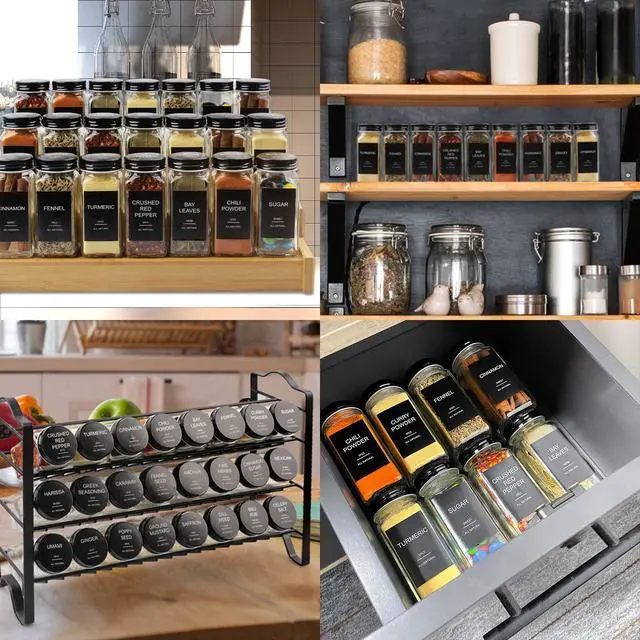 Alt view image 6 of 6 - 24 Pcs Glass Spice Jars with 398 Labels, 4oz Empty Square Spice Containers Seasoning Bottles - Shaker Lids, Funnel, Brush and Marker Included(Black Metal Caps)