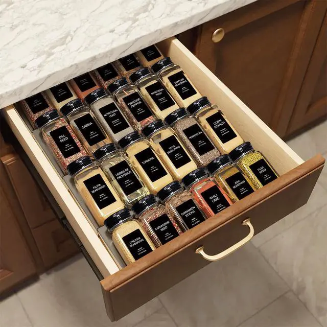 Alt view image 5 of 6 - 24 Pcs Glass Spice Jars with 398 Labels, 4oz Empty Square Spice Containers Seasoning Bottles - Shaker Lids, Funnel, Brush and Marker Included(Black Metal Caps)