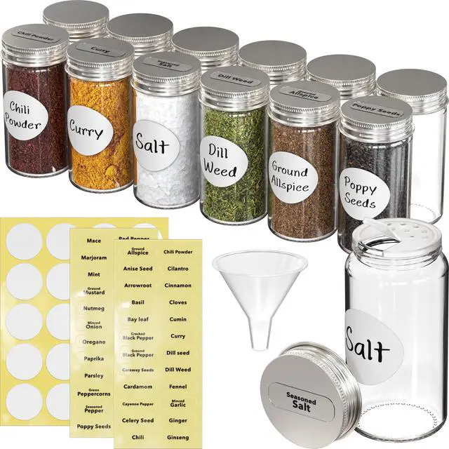 Main image of 12-Pack 3 oz Glass Spice Jars, Round Bottles with Shaker Lids, Funnel and Labels for Seasoning & Storage