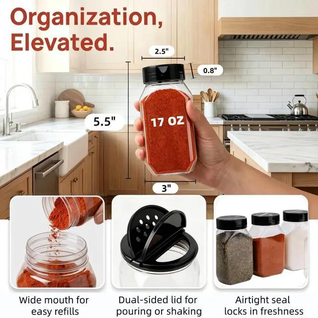 Alt view image 2 of 7 - 16 Pack 17 OZ Plastic Spice Containers, Large Seasoning Jars with Shaker Lids, Reusable Empty Storage Bottle for Kitchen Storing Spice, Powders