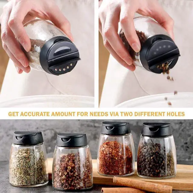 Alt view image 4 of 6 - Glass Spice Jars, Double Lids Seasoning Shakers Glass Bottles Spice Shakers Sifter Barbecue Salt & Pepper Shaker Container (4PCS