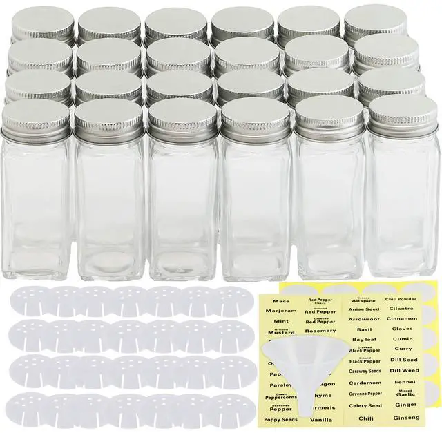 Alt view image 2 of 7 - Spice Jars 4 Ounce Square Glass Bottles with Shaker Lids, Funnel and Labels for Seasoning & Storage, 24 Pack