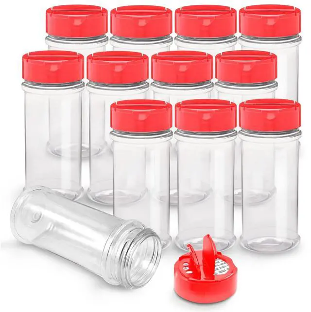 Main image of 12 Pack 5.5 Oz Plastic Spice Jars with Red Cap, Clear and Safe Plastic Bottle Containers with Shaker Lids for Storing Spice, Herbs and Seasoning Powders, BPA Free, Made in USA