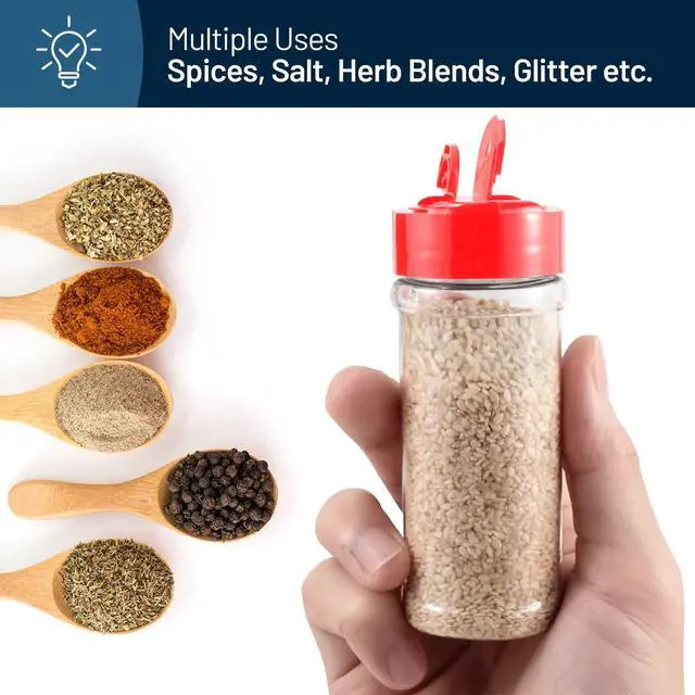 Alt view image 4 of 7 - 12 Pack 5.5 Oz Plastic Spice Jars with Red Cap, Clear and Safe Plastic Bottle Containers with Shaker Lids for Storing Spice, Herbs and Seasoning Powders, BPA Free, Made in USA