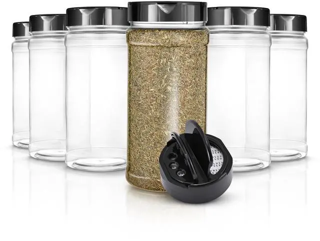Main image of 6 Pack 16 oz Plastic Spice Jars, Empty Seasoning Containers for Homemade Rub, Spices, Glitter, and More, Small Spice Containers with Black Shaker Lids and Heat-Induction Liner, Clear Spice Jars