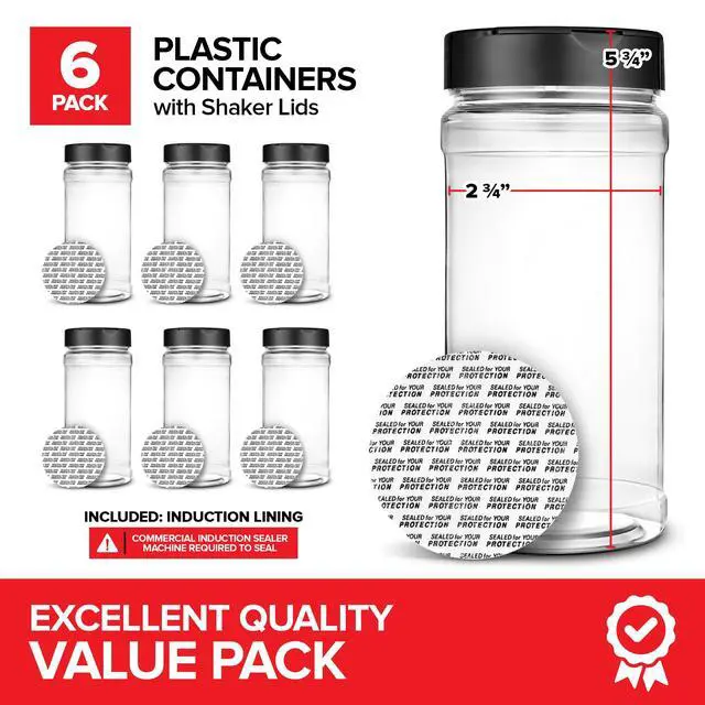 Alt view image 2 of 7 - 6 Pack 16 oz Plastic Spice Jars, Empty Seasoning Containers for Homemade Rub, Spices, Glitter, and More, Small Spice Containers with Black Shaker Lids and Heat-Induction Liner, Clear Spice Jars