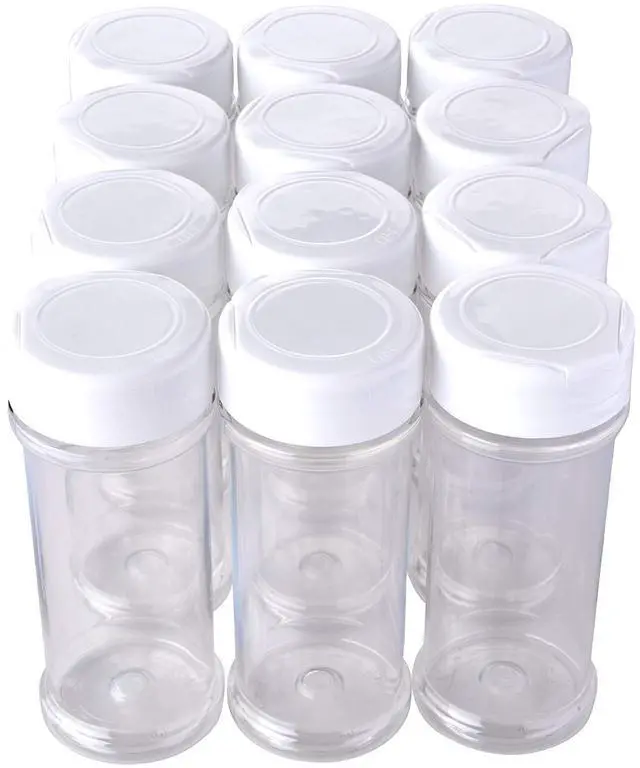 Alt view image 2 of 5 - 12 Pack of 6 Oz. Empty Clear Plastic Spice Bottles with White Sprinkle Top Lids For Storing and Dispensing Salt, Sweeteners and Spices - Food-Grade Spice Jars for Kitchen and Home Spice Organization