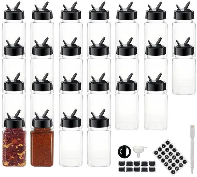Main image of 24 Pack 4oz Clear Plastic Spice Jars With Black Plastic Lids, Square Spice Bottles, Seasoning Containers with Chalk Labels, Pen, Funnel, Spice Containers For Kitchen Cabinet