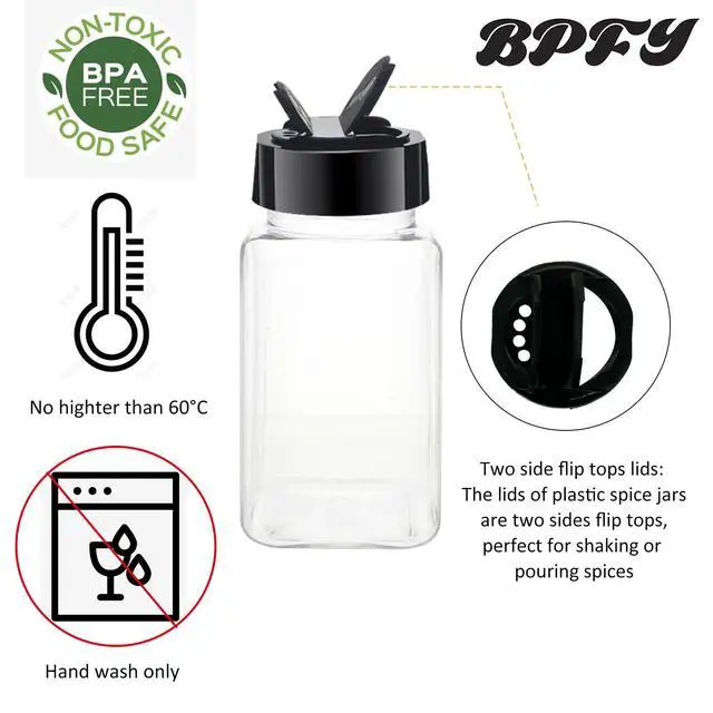Alt view image 3 of 6 - 24 Pack 4oz Clear Plastic Spice Jars With Black Plastic Lids, Square Spice Bottles, Seasoning Containers with Chalk Labels, Pen, Funnel, Spice Containers For Kitchen Cabinet
