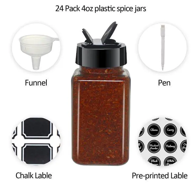 Alt view image 4 of 6 - 24 Pack 4oz Clear Plastic Spice Jars With Black Plastic Lids, Square Spice Bottles, Seasoning Containers with Chalk Labels, Pen, Funnel, Spice Containers For Kitchen Cabinet