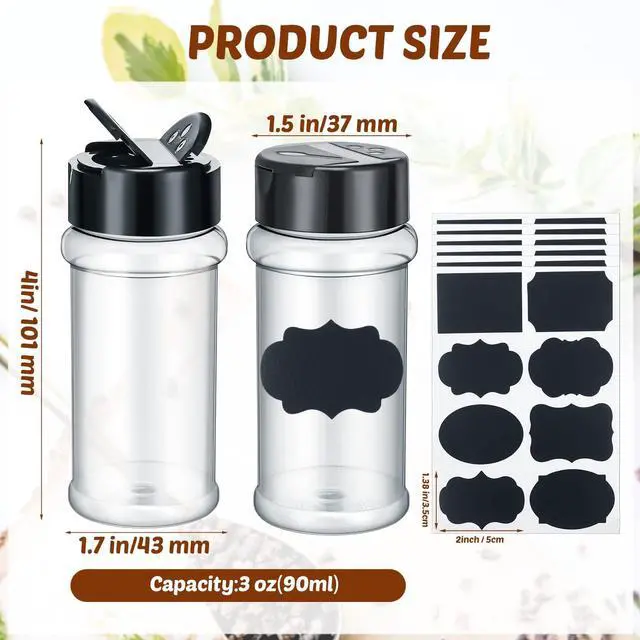 Alt view image 3 of 6 - 36 Pack 3 oz Clear Plastic Spice Jars with Label and Shaker Lids Empty Spice Bottles Seasoning Containers Seasoning Jars Shaker Condiment Pots for Pepper Herbs Powders(Black)