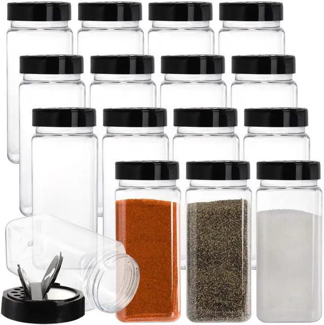 Main image of 16 Pack 20 Oz Plastic Spice Jars with Shaker/Pourer Lids, Square Large Empty Seasoning Containers Clear Spice Bottles for Dry Food, Condiments, Herbs, Powders