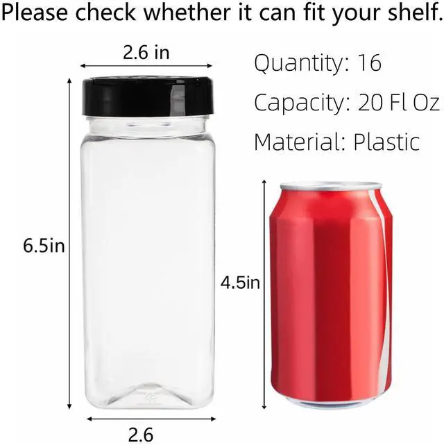Alt view image 2 of 7 - 16 Pack 20 Oz Plastic Spice Jars with Shaker/Pourer Lids, Square Large Empty Seasoning Containers Clear Spice Bottles for Dry Food, Condiments, Herbs, Powders