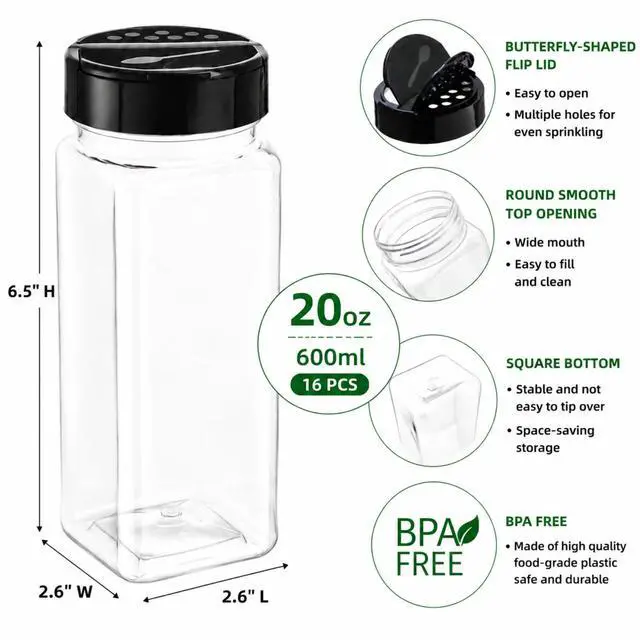 Alt view image 4 of 7 - 16 Pack 20 Oz Plastic Spice Jars with Shaker/Pourer Lids, Square Large Empty Seasoning Containers Clear Spice Bottles for Dry Food, Condiments, Herbs, Powders
