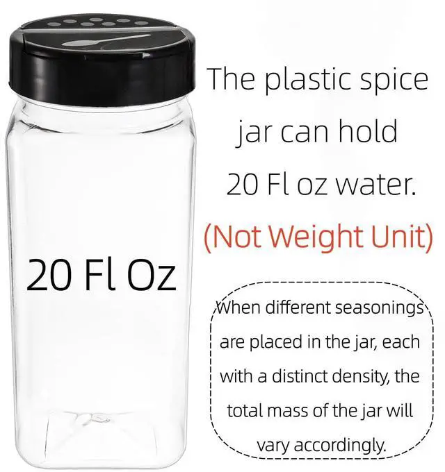 Alt view image 3 of 7 - 16 Pack 20 Oz Plastic Spice Jars with Shaker/Pourer Lids, Square Large Empty Seasoning Containers Clear Spice Bottles for Dry Food, Condiments, Herbs, Powders