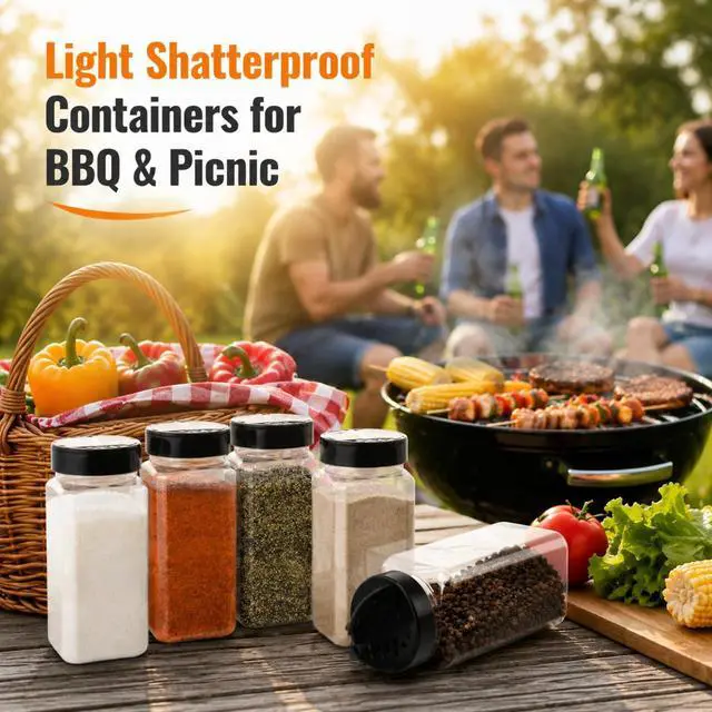 Alt view image 5 of 7 - 16 Pack 20 Oz Plastic Spice Jars with Shaker/Pourer Lids, Square Large Empty Seasoning Containers Clear Spice Bottles for Dry Food, Condiments, Herbs, Powders