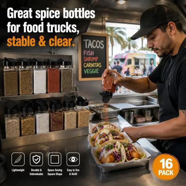 Alt view image 7 of 7 - 16 Pack 20 Oz Plastic Spice Jars with Shaker/Pourer Lids, Square Large Empty Seasoning Containers Clear Spice Bottles for Dry Food, Condiments, Herbs, Powders