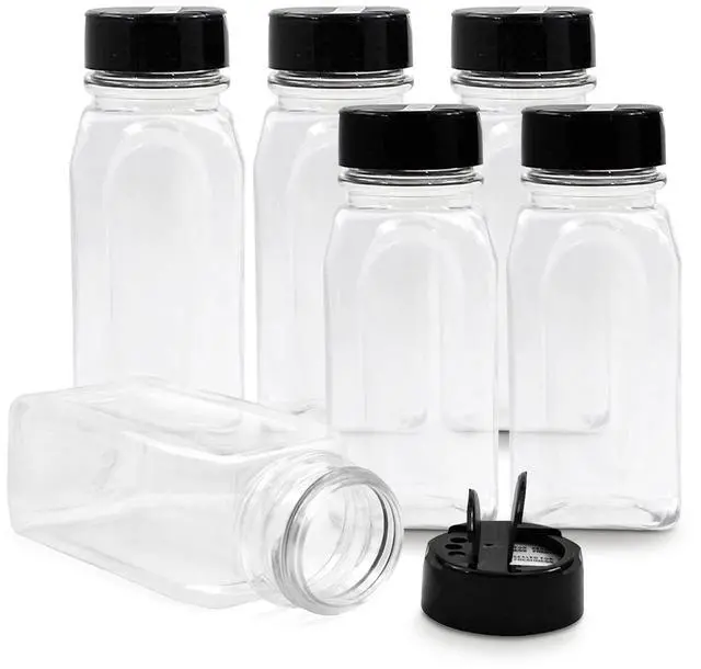 Main image of 6 Pack 14 Oz Plastic Spice Jars with Black Cap, Clear and Safe Plastic Bottle Containers with Shaker Lids for Storing Spice, Herbs and Seasoning Powders, BPA Free, Made in USA