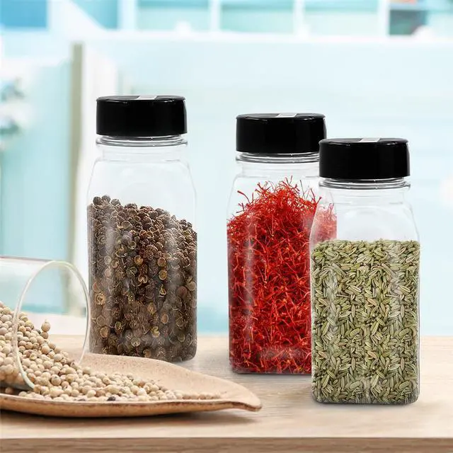 Alt view image 5 of 7 - 6 Pack 14 Oz Plastic Spice Jars with Black Cap, Clear and Safe Plastic Bottle Containers with Shaker Lids for Storing Spice, Herbs and Seasoning Powders, BPA Free, Made in USA