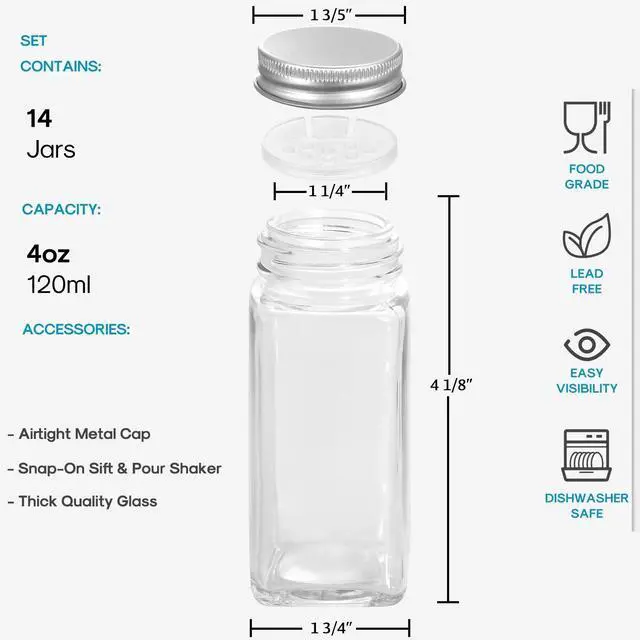 Alt view image 2 of 7 - 14 Pcs Glass Spice Jars with Spice Labels - 4oz Empty Square Spice Bottles - Shaker Lids and Airtight Metal Caps - Chalk Marker and Silicone Collapsible Funnel Included