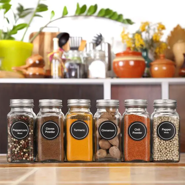 Alt view image 6 of 7 - 14 Pcs Glass Spice Jars with Spice Labels - 4oz Empty Square Spice Bottles - Shaker Lids and Airtight Metal Caps - Chalk Marker and Silicone Collapsible Funnel Included