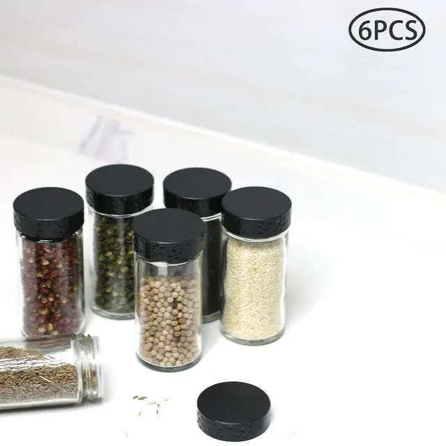 Alt view image 7 of 7 - 6pcs Black Spice Jars, 3 oz Glass Seasoning Bottles, Spices Container, Empty Spice Jars,Round Spice Bottles with Airtight Plastic Caps with Shaker Lids