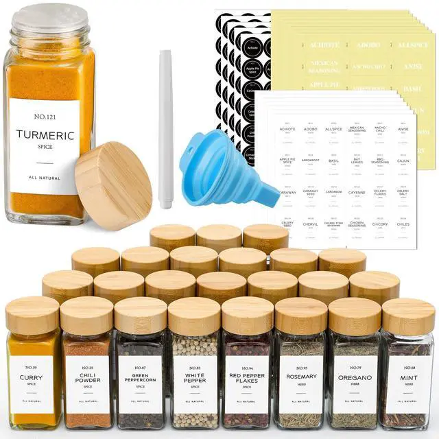 Main image of 24 Pcs Glass Spice Jars with Bamboo Lids, 4 oz Glass Jars with Minimalist Farmhouse Spice Labels Stickers, Collapsible Funnel, Seasoning Storage Bottles for Spice Rack, Cabinet, Drawer