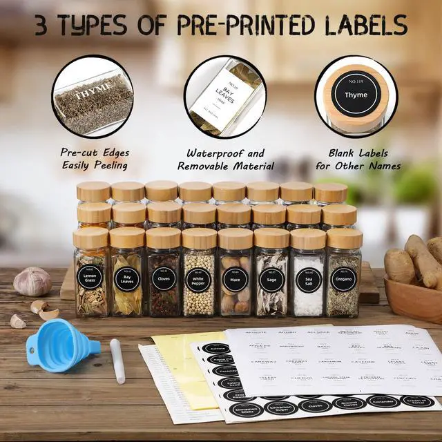 Alt view image 2 of 7 - 24 Pcs Glass Spice Jars with Bamboo Lids, 4 oz Glass Jars with Minimalist Farmhouse Spice Labels Stickers, Collapsible Funnel, Seasoning Storage Bottles for Spice Rack, Cabinet, Drawer