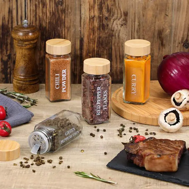 Alt view image 4 of 7 - 24 Pcs Glass Spice Jars with Bamboo Lids, 4 oz Glass Jars with Minimalist Farmhouse Spice Labels Stickers, Collapsible Funnel, Seasoning Storage Bottles for Spice Rack, Cabinet, Drawer