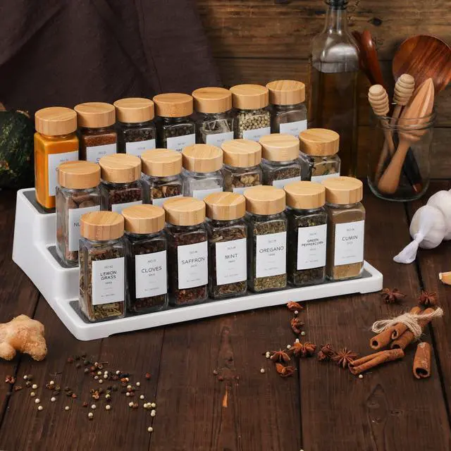 Alt view image 6 of 7 - 24 Pcs Glass Spice Jars with Bamboo Lids, 4 oz Glass Jars with Minimalist Farmhouse Spice Labels Stickers, Collapsible Funnel, Seasoning Storage Bottles for Spice Rack, Cabinet, Drawer