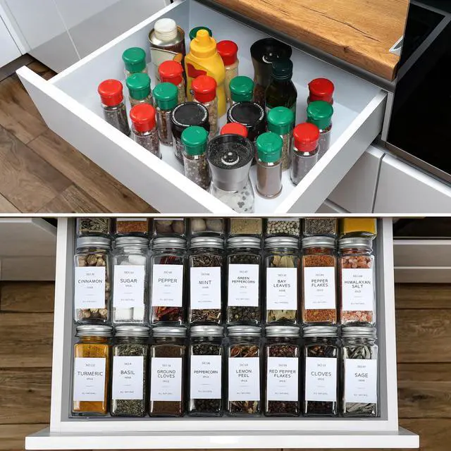 Alt view image 7 of 7 - 24 Pcs Glass Spice Jars with Bamboo Lids, 4 oz Glass Jars with Minimalist Farmhouse Spice Labels Stickers, Collapsible Funnel, Seasoning Storage Bottles for Spice Rack, Cabinet, Drawer