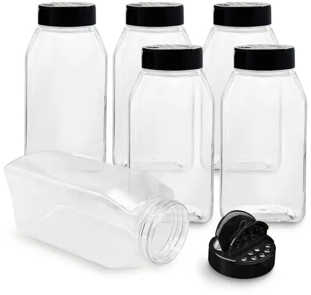 Main image of 6 PACK 32 Oz with Black Cap, Plastic Spice Jars Bottles Containers, Perfect for Storing Spice, Herbs and Powders, Lined Cap, Safe Plastic, PET, BPA free, Made in the USA
