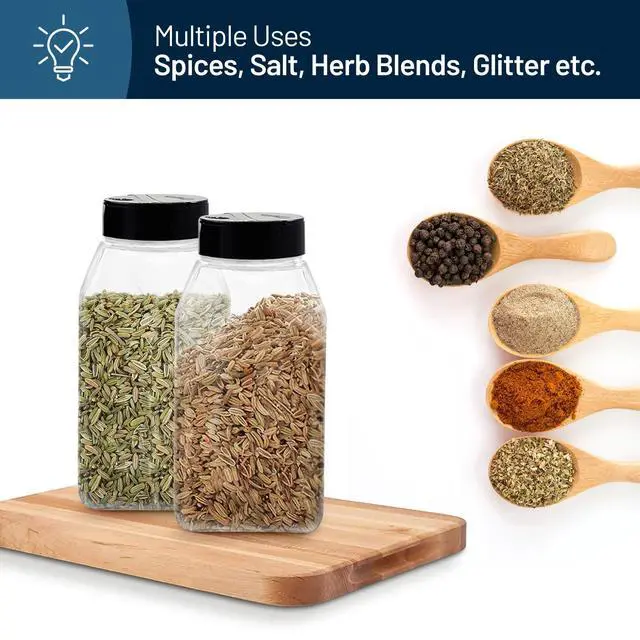 Alt view image 4 of 7 - 6 PACK 32 Oz with Black Cap, Plastic Spice Jars Bottles Containers, Perfect for Storing Spice, Herbs and Powders, Lined Cap, Safe Plastic, PET, BPA free, Made in the USA