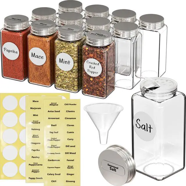 Main image of Spice Jars 6 Ounce Square Glass Bottles with Shaker Lids, Funnel and Labels for Seasoning & Storage, 24 Pack