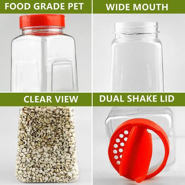 Alt view image 5 of 7 - 8 Pack Large Spice Jar, 32oz Seasoning Shaker, Plastic Spice Container Bottle with Red Dual Shake Lid for Storing Herbs, Powders, General Use Storage Containers