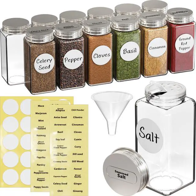 Main image of Spice Jars 4 Ounce Square Glass Bottles with Shaker Lids, Funnel and Labels for Seasoning & Storage, 12 Pack