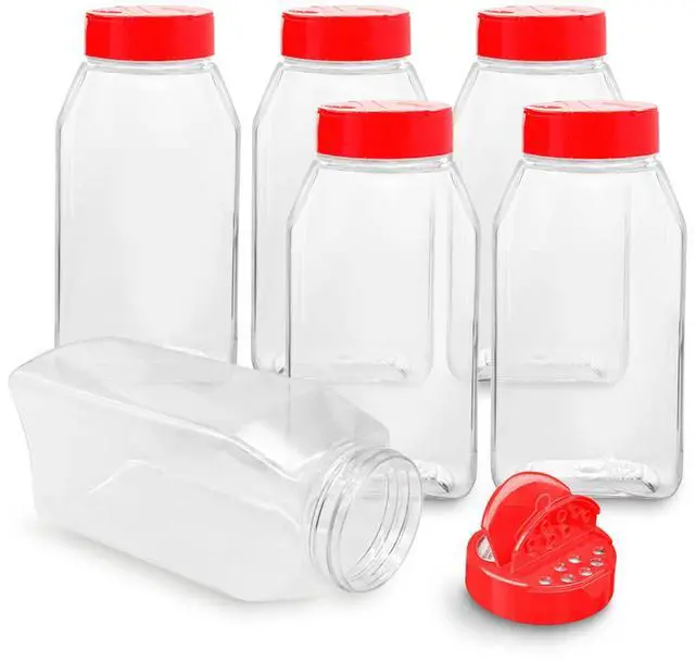 Main image of 6 Pack 32 Oz Plastic Spice Jars with Red Cap, Clear and Safe Plastic Bottle Containers with Shaker Lids for Storing Spice, Herbs and Seasoning Powders, BPA Free, Made in USA