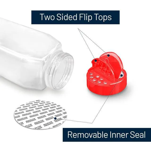 Alt view image 3 of 7 - 6 Pack 32 Oz Plastic Spice Jars with Red Cap, Clear and Safe Plastic Bottle Containers with Shaker Lids for Storing Spice, Herbs and Seasoning Powders, BPA Free, Made in USA